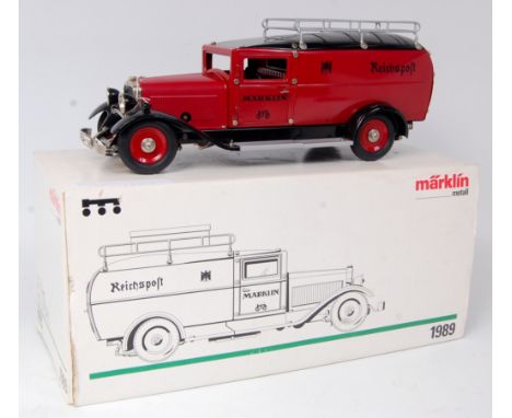 Marklin 1989 "Reichspost" Delivery Van, large scale tinplate clockwork model, deep red body with black roof and chassis, in t