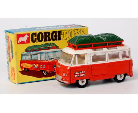 Corgi Toys, 508 Commer Minibus 'Holiday Camp Special', white and orange body with spun hubs, green luggage, leaflet, in the o
