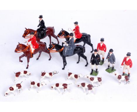 Collection of Britains Hunt Series Hollow cast figurines, to include 2 Mounted Huntsman Figures, 2 Mounted Hunts Woman riding