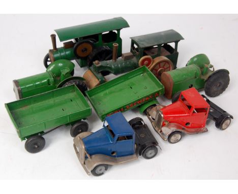 Triang Minic Post War tinplate vehicle and attachment group, 8 examples to include No.33M Pre War Steam Roller (G), Post War 