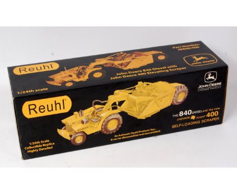 Reuhl Products, 1/24th scale diecast model of a John Deere 840 diesel with a Chevron Flight 400 self loading scraper, in the 