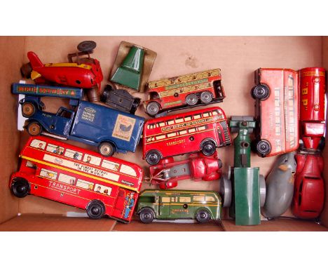 Tinplate mixed lot to include Triang Minic, Brimtoy, Pocketoy and Wells, to include Triang Minic Post War LNER Parcel deliver