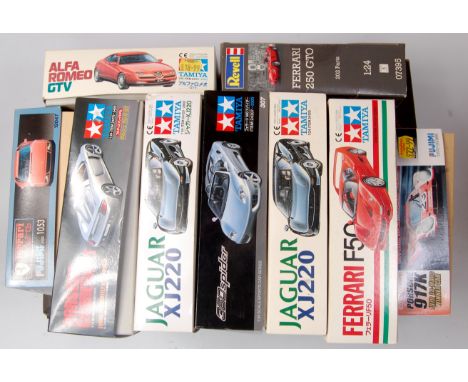 9 1/24th scale plastic Sports Car and Saloon Kits, mixed manufacturers to include Tamiya, Fujimi and Revell, mixed examples a