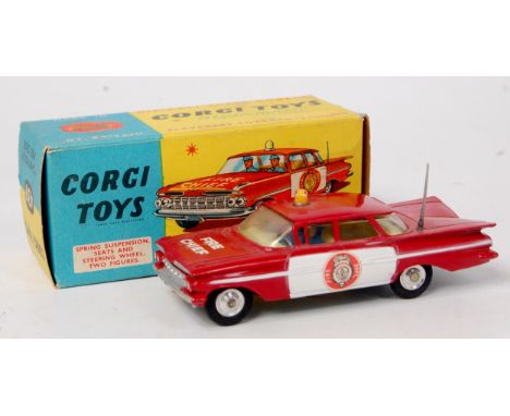 Corgi Toys, 439 Chevrolet Impala fire chief car, red body with lemon interior, Fire Chief to bonnet, white doors with circula