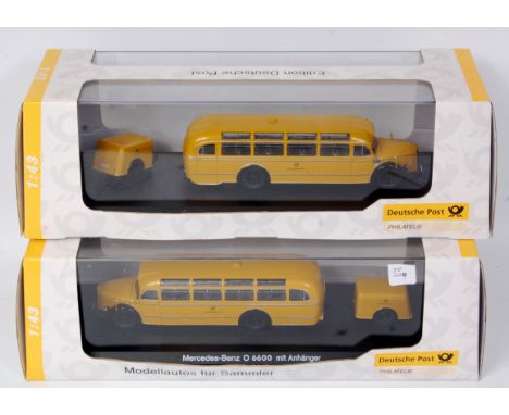 Schuco 1/43rd scale Deutsche Post Public transport diecast group, 2 boxed examples, to include 2x Mercedes Benz 0 6600 single