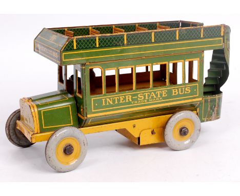 Strauss (USA) Mechanical Toys Interstate Bus, large scale tinplate clockwork example of an open top bus in green and yellow, 