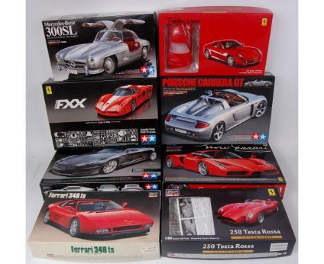 8 assorted 1/24th scale plastic car kits, manufacturers include Tamiya, Hasegawa and Fujimi, mixed examples to include Fujimi