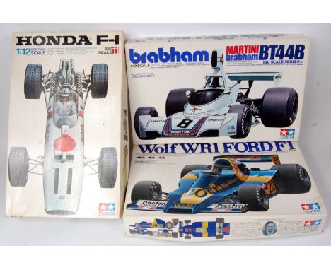 Tamiya 1/12th scale plastic Formula 1 kit group, 3 boxed as issued examples, to include Wolf WR1 Ford F1, Honda F1 and a Brab
