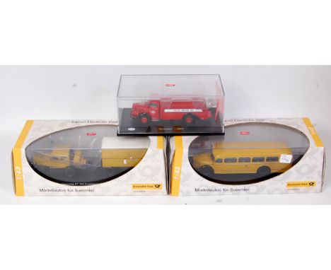 Schuco 1/43rd scale diecast group, 3 examples to include Deutsche Post Mercedes Benz 0 6600 Coach, Deutsche Post Hanomag ST 1