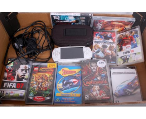 PSP Playstation group, to include White PSP console with charger lead, and 10 games, games to include Fifa, Castlevania, Mega