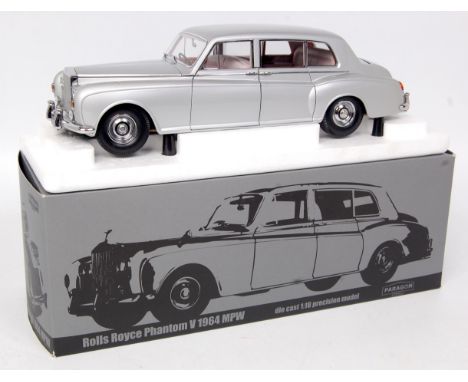 Paragon Models 1/18th scale limited edition diecast mode of a Rolls Royce Phantom V 1964 MPW, finished in silver with lilac i