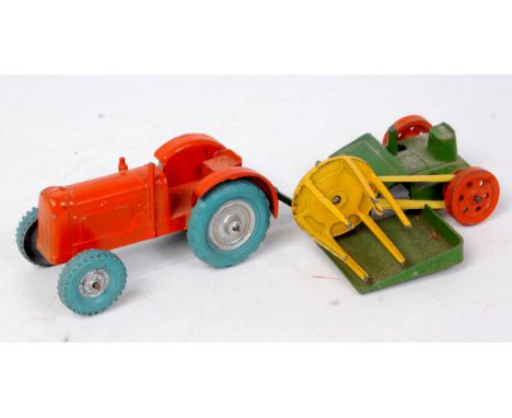 Crescent Toys, Tractor and Reaper, Tractor with orange body and silver hubs and blue wheels, Reaper in green with red wheels 