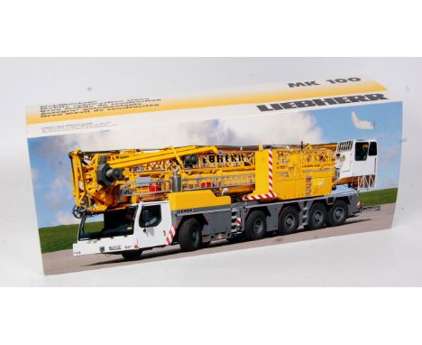 Conrad No.2102/0 Liebherr MK 100 Mobile Construction Crane, 1:50th scale, grey chassis, wheels, white cabs, yellow body/crane