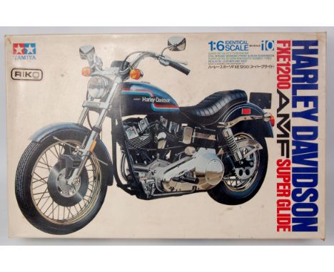 Tamiya 1/6th scale plastic kit for a Harley Davidson FXE 1200 AMF Super Glide Motorcycle, un-made example in the original box