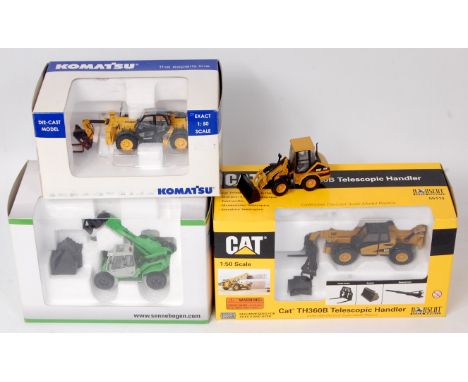 1/50th scale Small Plant diecast group, 4 examples to include Norscot CAT TH360B Telescopic handler, ROS Sennebogen 30S Multi