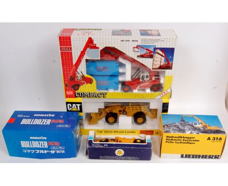 Mixed scale Construction and Container Stacker diecast vehicle group, 5 boxed examples to include Norscot No.55115 CAT 992G W