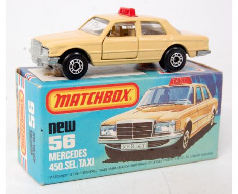 Matchbox Superfast No.56c Mercedes 450SEL Taxi, light tan body with red plastic roof sign, rare smoke grey tinted windows, ta