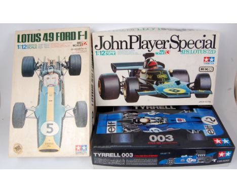 Tamiya 1/12th scale Formula 1 plastic kit group, 3 boxed as issued examples to include Lotus 72D "John Player Special", Lotus