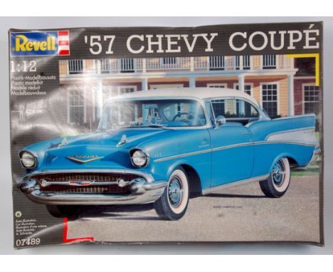 Revell 1/12th scale plastic kit for a 57 Chevy Coupe, appears as issued in the original all card illustrated box,
