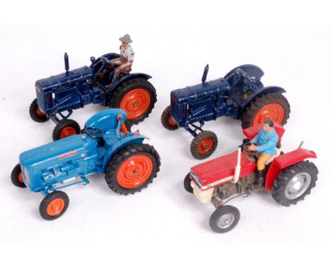 4 assorted Britains tractors, to include Britains 128F Fordson Tractor with orange hub and black rubber tyres, with driver (G