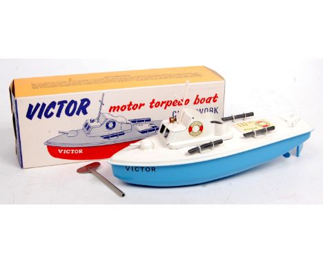 Sutcliffe Models, Victor Motor torpedo boat, clockwork, light blue hull with white deck and superstructure, with black bung a