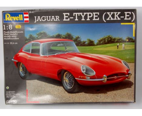 Revell 1/8th scale plastic kit for a Jaguar E Type XK-E, as issued example with extra purchased decals added in the box, in t