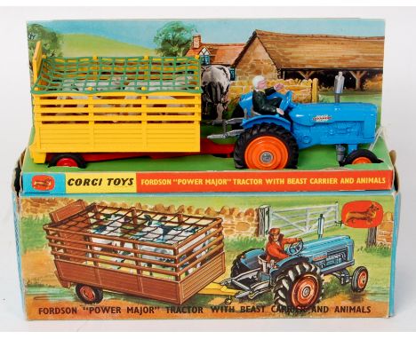 Corgi Toys, gift set 33, tractor and beast carrier, comprising of light blue Fordson Power Major with red plastic hubs, with 