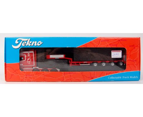 Tekno 1/50th scale diecast model of a Scania Longline 580 with extendable Goldhofer 4 axle low loader trailer, finished in re