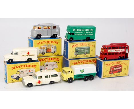 Matchbox Regular Wheels boxed diecast group, all in E type issue boxes, 6 examples to include No.25 BP Petrol Tanker with BPW