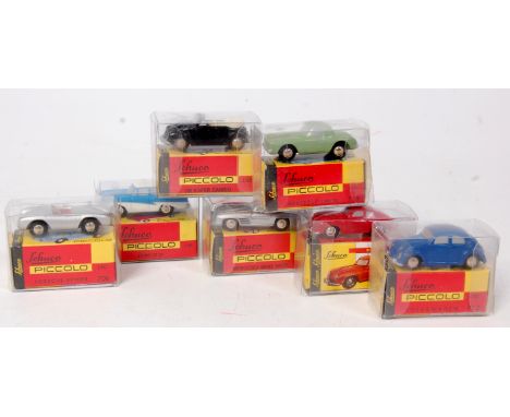 7 boxed as issued Schuco Piccolo 1/90th scale diecast vehicles and saloons, to include No.712 Volkswagen, No.708 Porsche Spyd