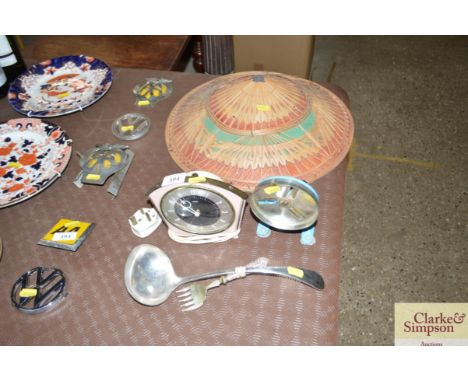 A wicker Cooleys type hat; a mincer; Metamec clock; a plated pickle fork and ladle etc.