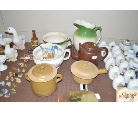 A vintage enamel teapot; a Victorian toilet jug and chamber pots etc.