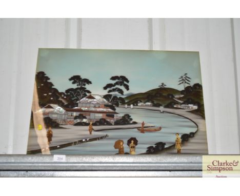 An oriental print on glass depicting figures around a lake 