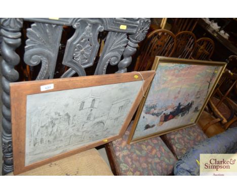Study of St Olaves Church and Marygate York and a coloured print of a Troika In The Snow