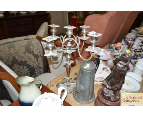 A plated five light candelabra; and a pewter coffee pot