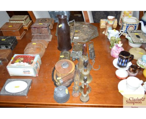 An Eastern brass and inlaid tray; a set of Salter spring balance scales; vintage pencil holder; various other decorative item