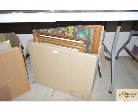 A box containing various embroideries, French print etc. 