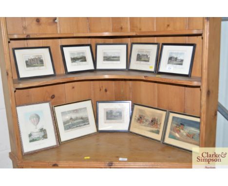 A collection of various coloured prints depicting country houses; a pair of coaching prints; and a ballooning print 