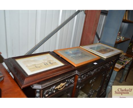 C.Frankland, watercolour study of a rural village; V.J.Meyer, coloured print in the Art Deco manner; and M.Luan, Edwardian st