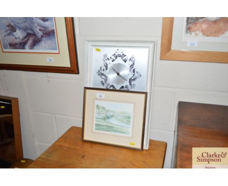 A pencil signed print of Blakeney and a Fairway novelty wall clock picture 
