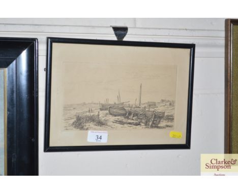 A black and white print by A Evershed "Aldeboro From Thorpeness"