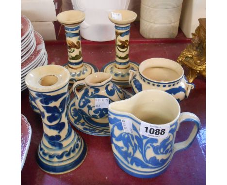 A selection of Aller Vale Torquay pottery items including candlesticks, vases, etc. - decorated in the blue Scandy pattern