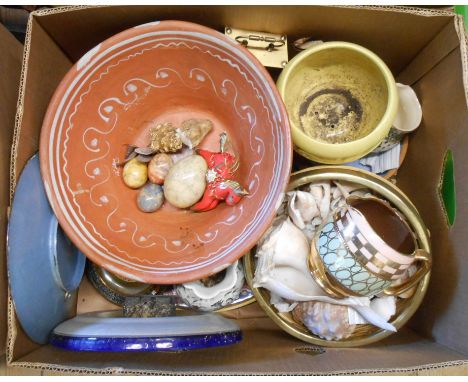 A box containing a quantity of ceramic and other collectable items including plates, bowls, seashells, etc.