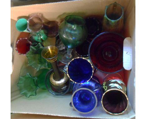 A box containing a quantity of assorted coloured glassware including Wedgwood mug, Venetian enamel vases, etc.