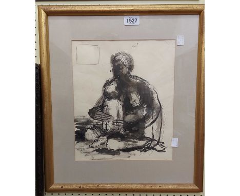 Dudley Holland: a gilt framed ink and wash sketch, depicting a nursing mother - 31cm X 26cm