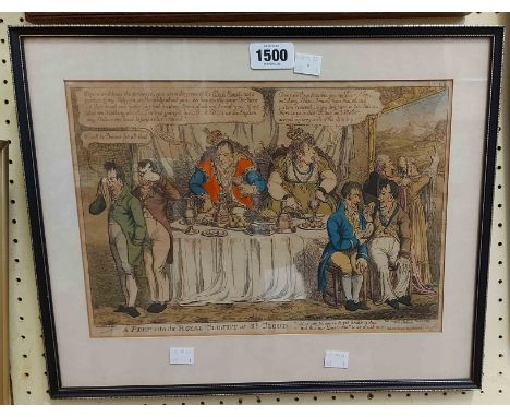 George Woodward: a framed antique hand coloured satirical print entitled 'A Peep into the Royal Closet at St. Cloud' with spe