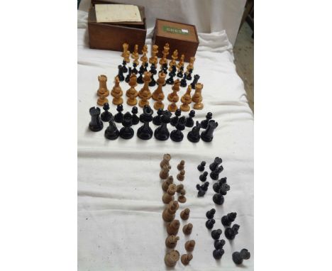 Two vintage carved wood chess sets in original slide-top wooden boxes (one lid a/f) - sold with another similar