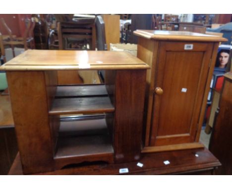 An antique mahogany pot cupboard with panelled door - sold with a small mahogany unit with central open shelves, door to one 