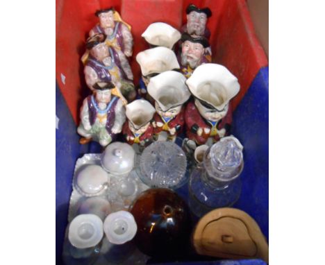 A crate containing a quantity of ceramic and glass items including graduated set of six Devonmoor Toby jugs, two other simila