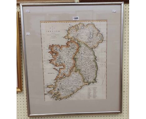 John Cary: a silvered framed antique hand coloured map print of Ireland - 50cm X 40cm